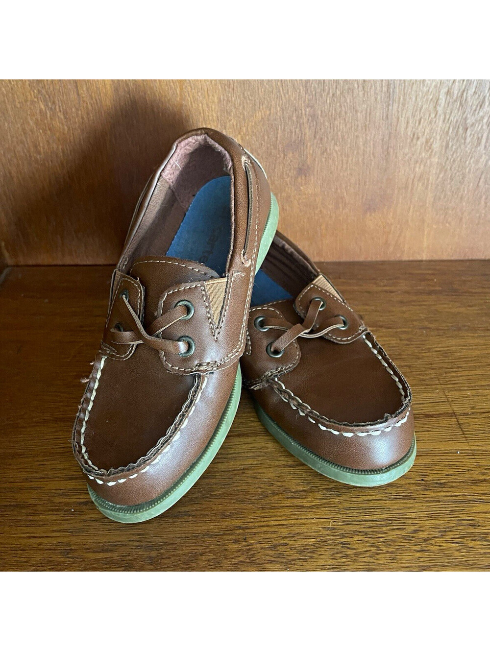 Carter's Brown Faux Leather Boat Shoes Unisex Kids US 11 EU 28 mock Lace-Up